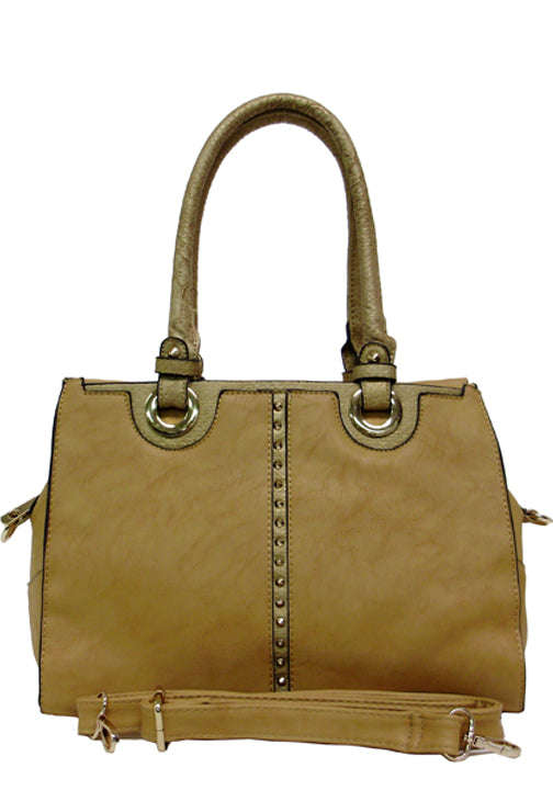 500647TN - 9.8 x 12.6 x 6<br />Solid w/gold accents & snake print trim, zip comp separated by zip pckt w/3 pckts, back zip pckt, det strap