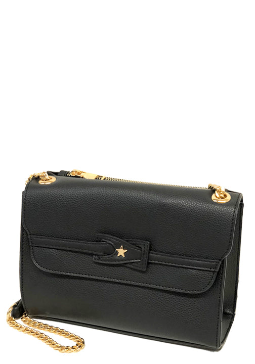 .500649BK - 8.5 x 6 x 3.5<br />Cross-Body Clutch. Goldtone Hardware & Star. Top Zip Back Pocket.