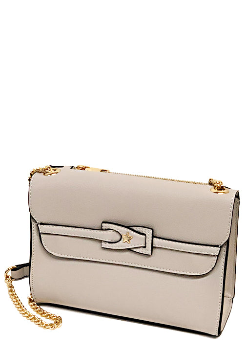 .500649LTGY - 8.5 x 6 x 3.5<br />Cross-Body Clutch. Goldtone Hardware & Star. Top Zip Back Pocket.