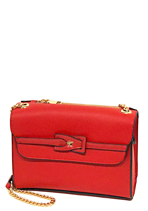 500649RD - 8.5 x 6 x 3.5<br />Cross-Body Clutch. Goldtone Hardware & Star. Top Zip Back Pocket.