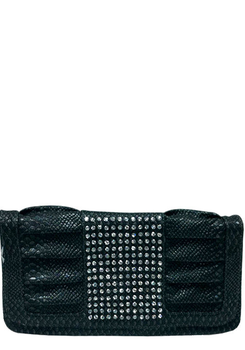 500661BK - 14 x 6.25 x .5<br />Clutch style, snake skin print, gathers on each side of section of rhinestones, 1 comp, detachable strap