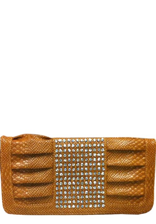 500661CAR - 14 x 6.25 x .5<br />Clutch style, snake skin print, gathers on each side of section of rhinestones, 1 comp, detachable strap