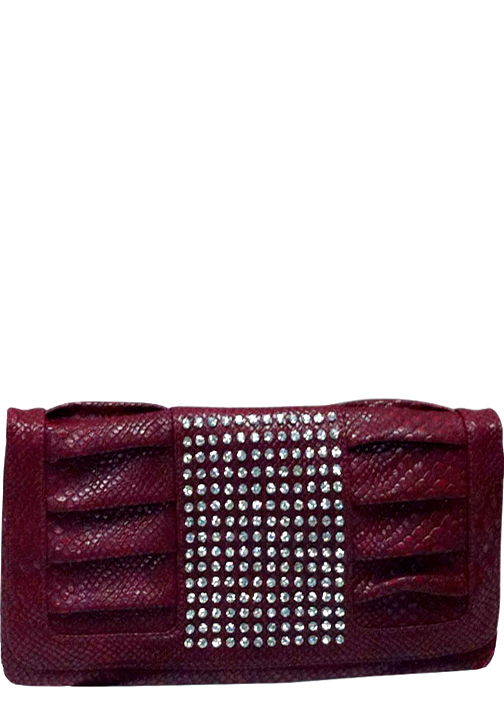 500661RD - 14 x 6.25 x .5<br />Clutch style, snake skin print, gathers on each side of section of rhinestones, 1 comp, detachable strap