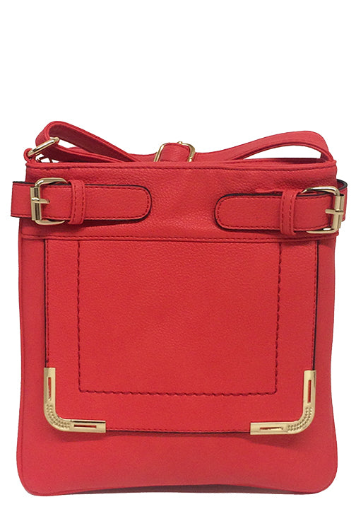 .500683RD - 10 x 10.5 x .75<br >Cross Body, Zip Top, Gold-Tone Buckles & Corners on Flap, Adjustable Strap. Inside: 1 Open Pkt & 1 Zip Pkt.