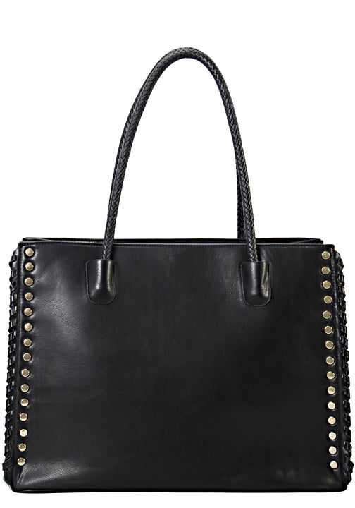 .500709BK - 16.5 x 12.5 x 6<br />Zip Top Fashion Tote & Braided Handles,<br />Studs & Whipstitch Details on Sides.