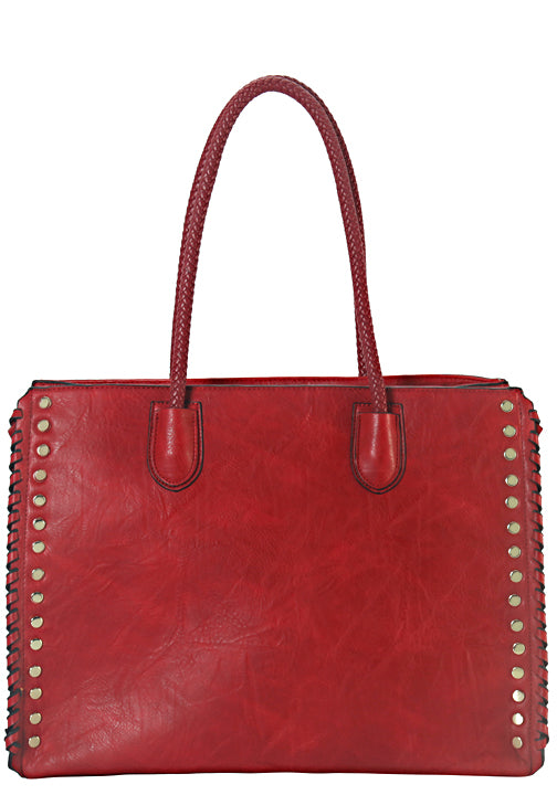 .500709RD - 16.5 x 12.5 x 6<br />Zip Top Fashion Tote & Braided Handles,<br />Studs & Whipstitch Details on Sides.