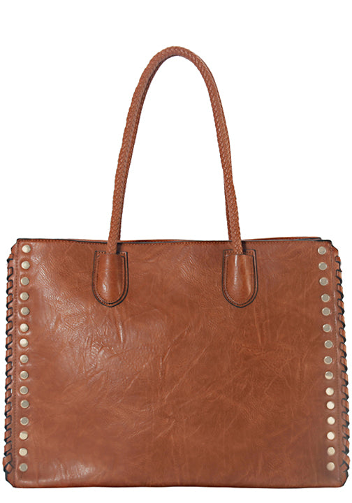 .500709TN - 16.5 x 12.5 x 6<br />Zip Top Fashion Tote & Braided Handles,<br />Studs & Whipstitch Details on Sides.