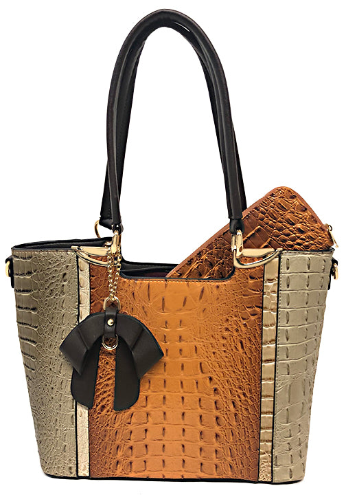 .500716BR - 15 x 11 x 5.5<br />Fashion Handbag & Wallet. Goldtone Hardware. Embossed Gator Print. Zip Top. Removable Strap. Feet.