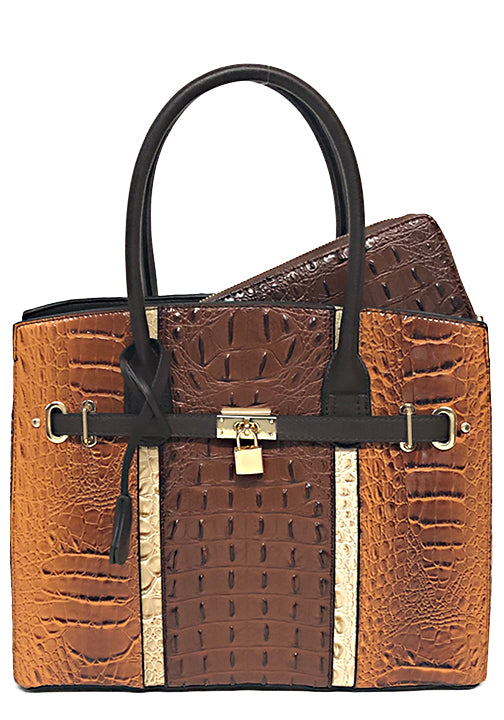 .500717BR - 15 x 12.5 x 6<br />Fashion Handbag & Wallet. Goldtone Hardware with Lock. Embossed Gator Print. Zip Top. Removable Strap. Feet.