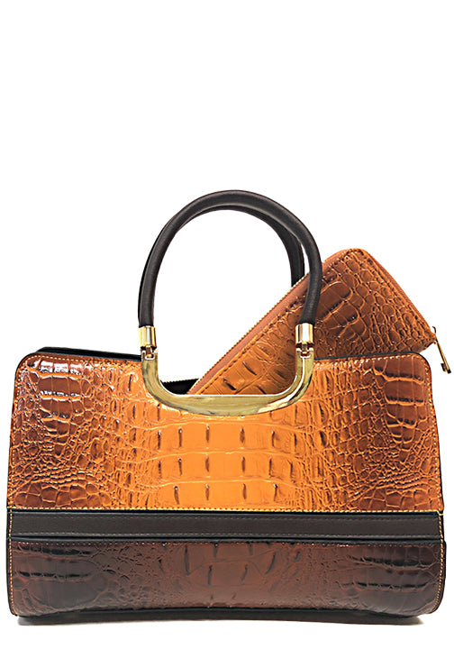 .500723BR - 13 x 8 x 5<br />Fashion Handbag & Wallet. Goldtone Hardware. Embossed Gator Print. Zip Top. Removable Strap. Feet.