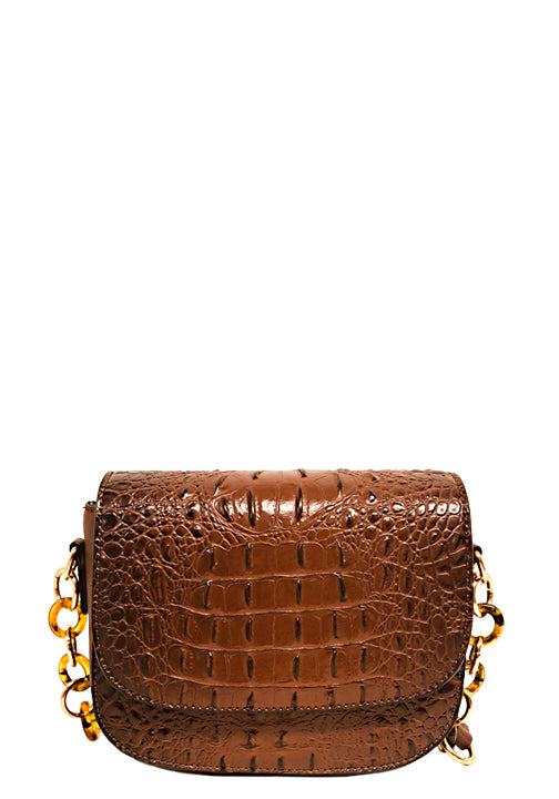 .500724BR - 8 x 7 x 3<br />Small Crossbody Embossed Gator Print. Goldtone Hardware with Comfort Chain Strap.