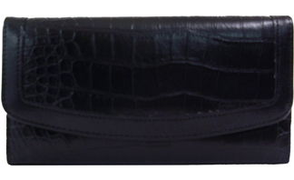 W500760BK - Wallet - Gator print with smooth trim, cc slots, checkbook, back zipper pocket