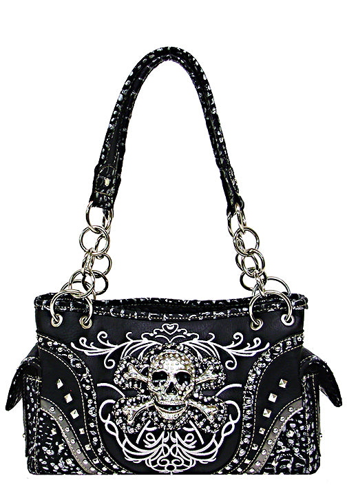 .500802TQ ONLY   ck new colors - 12.5 x 8 x 4<br />Swirls & studs, raised skull, zip comp separated by zip pckt w/3 pckts, back zip vert & open pckts (500518)