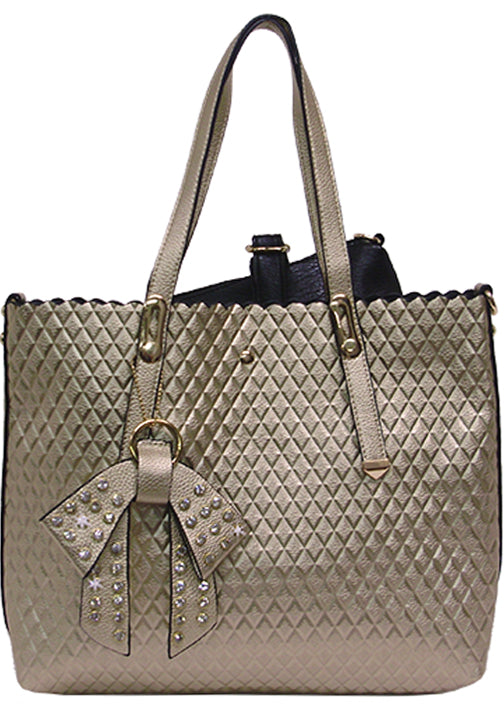 500875GL - 14 x 12 x 4.5<br />Diamond design w/scallop edge tote, rhinestone bow, 9 x 7 x 2 inside bag, detachable strap