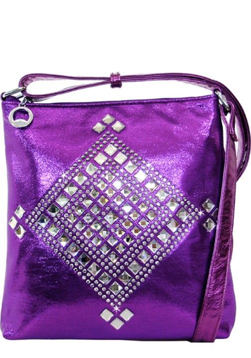 500927PU - 9 x 9.5 x 1.5<br />Messenger bag, shiny print w/rhinestone & stud square, comp separated by zip pckt, 3 pckts, back zip pckt