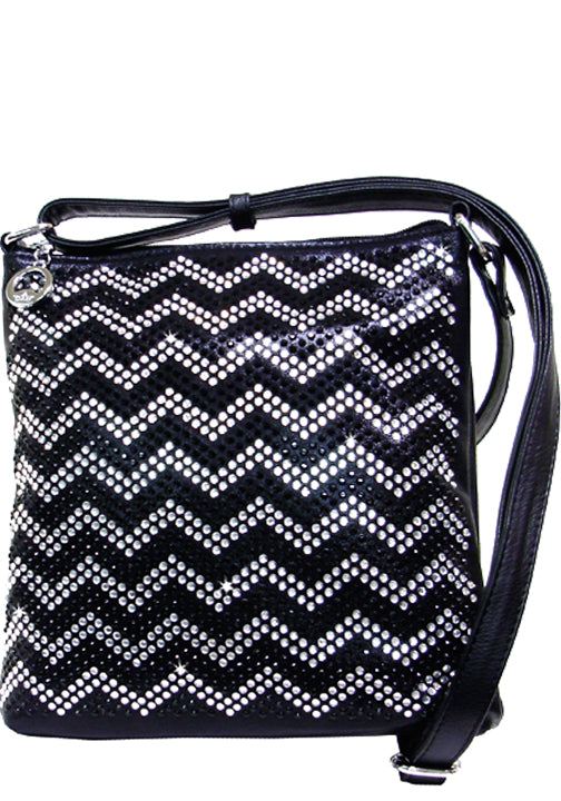 500928BK - 9 x 9.5 x 1.5<br />Messenger bag, shiny print w/rhinestone zig zag pattern, comp separated by zip pckt, 3 pckts, back zip pckt