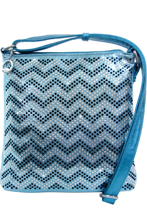 500928LBL - 9 x 9.5 x 1.5<br />Messenger bag, shiny print w/rhinestone zig zag pattern, comp separated by zip pckt, 3 pckts, back zip pckt