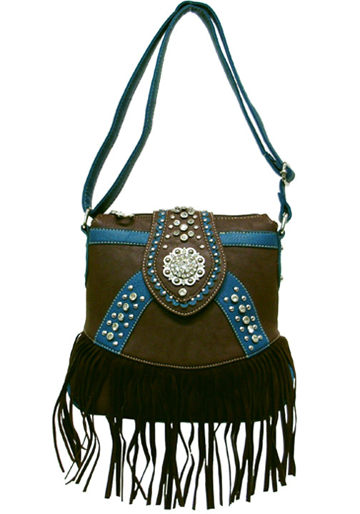 500934BR - 10 x 10 x 4<br />Solid w/contrasting rhinestone/stud trim, concho on flap, fringe skirt, comp w/pckts, back zip vert/open pckts