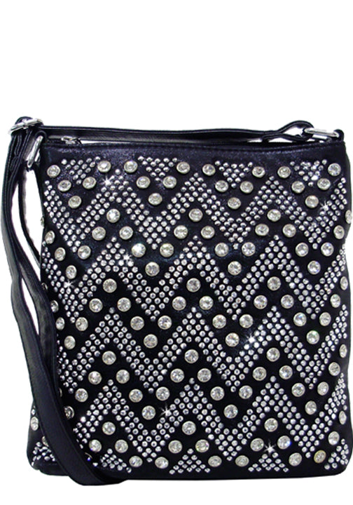 500936BK - 8.5 x 9.5 x 1.5<br />Messenger bag, Solid w/rhinestone zig zag pattern, zip comp separated by zip pckt w/3 pckts, back zip pckt