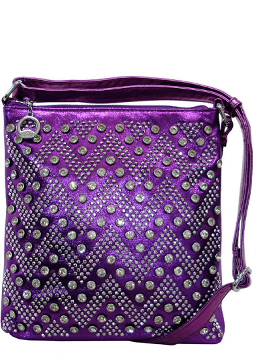 500936PU - 8.5 x 9.5 x 1.5<br />Messenger bag, Solid w/rhinestone zig zag pattern, zip comp separated by zip pckt w/3 pckts, back zip pckt