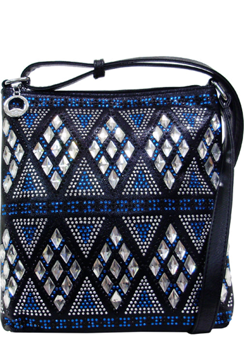 500962BK - 9 x 9.5 x 1.5<br />Messenger bag, shiny print w/rhinestone diamond pattern, comp separated by zip pckt, 3 pckts, back zip pckt