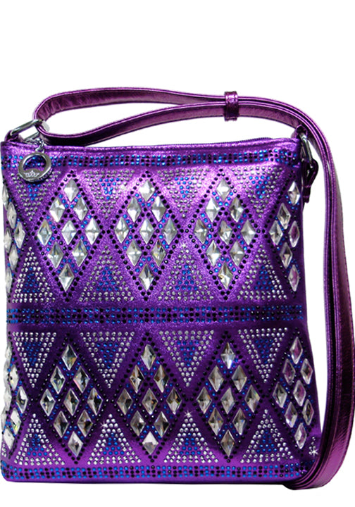 500962PU - 9 x 9.5 x 1.5<br />Messenger bag, shiny print w/rhinestone diamond pattern, comp separated by zip pckt, 3 pckts, back zip pckt