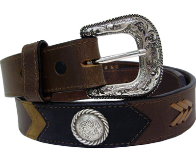 K50201C - Belt - 1.25 width, overlays with lacing, round floral rope edged concho Sizes 24-28 only