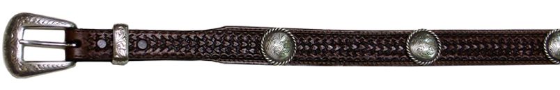 5021072C - Belt - 1.25 width, 1.25 taped to 1, Arrow design, round floral rope edged conchos