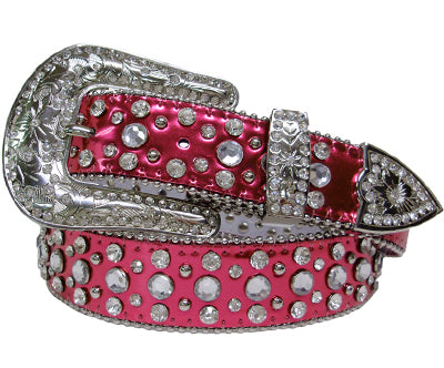 5489HP - Fashion belt - Hot Pink shiny print with rolls of rhinestones and studs Sizes M, L, XL