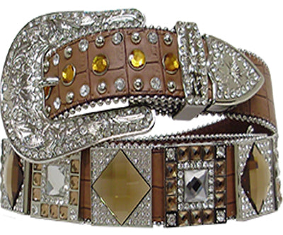 5497BR - Belt - Brown gator print, amber and clear rhinestones Sizes M, L, XL