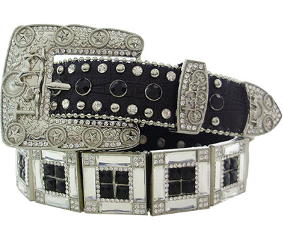 5500BK - Belt - Black gator print, black and clear rhinestone conchos, praying cowboy on buckle set Sizes M, L, XL