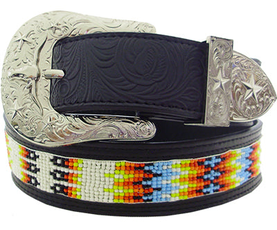 5502999BK - Belt - Floral ends, southwest design beaded center, Sizes M, L, XL