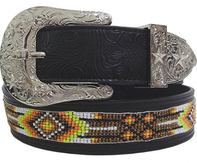 5503BK - Belt - Floral ends, southwest design beaded center, Sizes M, L, XL