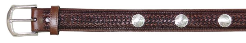 7023106C - BELT - 1.5 Brown Embossed Belt, Indian Head & Buffalo Nickle Conchos