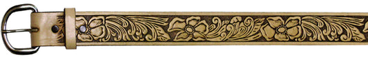 707158N - Belt - 1.5, Embossed Wild Rose, Hand-Finished Antique with Natural Finish