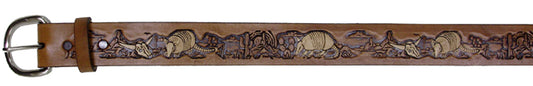 727168 - Belt - 1.5 width, Hand finished genuine leather, Armadillos, longhorn skulls, desert scene with cactus - Stained