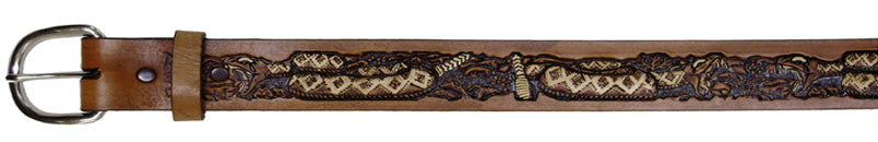 745168 - Belt - 1.5 width, Hand finished genuine leather, Coiled rattle snakes - Stained