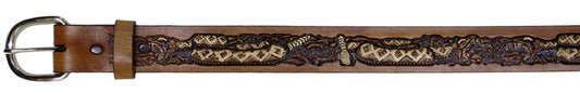 745168 - Belt - 1.5 width, Hand finished genuine leather, Coiled rattle snakes - Stained