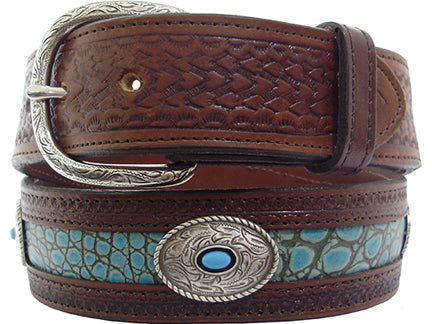 7461253C - Belt - 1.5 width, Genuine Italian leather, oval concho with turquoise center