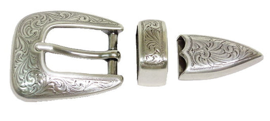 802-AB - Buckle - 3pc set with .75 inch bar, ziz-zag edge and floral engraved design- Ant. Silver