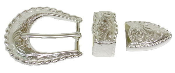 816-BB - Buckle - 3 pc set with a 1 inch bar, rope edge and floral engraved design - Silver