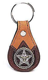 8120042T - KEYCHAIN - NB EMBOSSED OVERLAY W/ 2 TONE ROPE EDGE LONGHORN STAR CONCHO - TAN