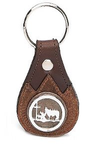 8122061C - KEYCHAIN - OIL TAN OVERLAY W/ IRON PRAYING COWBOY CONCHO - CHOCOLATE