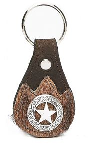 8141050S - KEYCHAIN - PULL-UP W/ CALF HAIR OVERLAY W/ CUT OUT STAR ENGRAVED CONCHO - BROWN