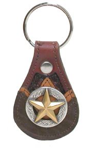 8180055C - EMBOSSED KEYCHAIN W DOUBLE OVERLAYS & RAISED GOLD STAR W ENGRAVED OPEN CIRCLE CONCHO - RUSSET - BROWN