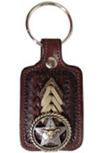 8181042C - KEYCHAIN - EMBOSSED SQUARE W/ 2 TONE ROPE EDGE LONGHORN STAR CONCHO - SHOE BROWN