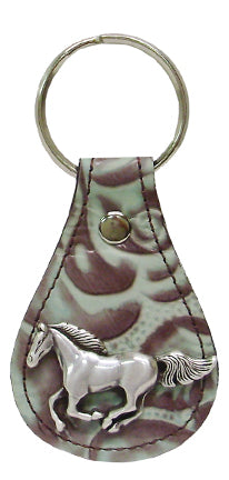 8242048T - Leather Keychain - Genuine Italian Leather (Turquoise Roses) with Running Horse concho