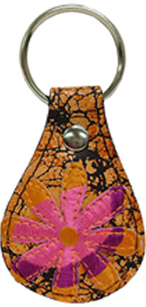 8246532 - Keychain - Genuine Italian leather acid wash with pink and orange daisy