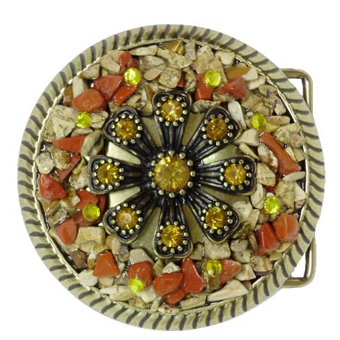 854-DC - Buckle - 1.5 inch bar, flower with rhinestone in the center and on each petal surrounded by stones and rhinestones