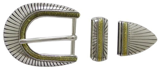 857-DF - Buckle - 3 pc set with a 1.5 inch bar, engraved with gold accents - Ant. Silver